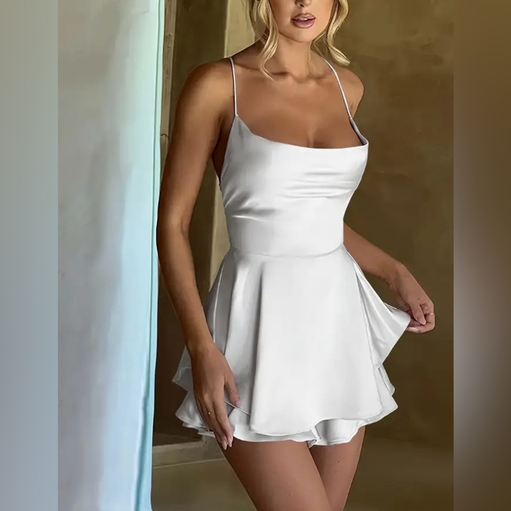 White Satin Cowl Neck Backless Mini Dress - NWOT - Picture 6 of 7
